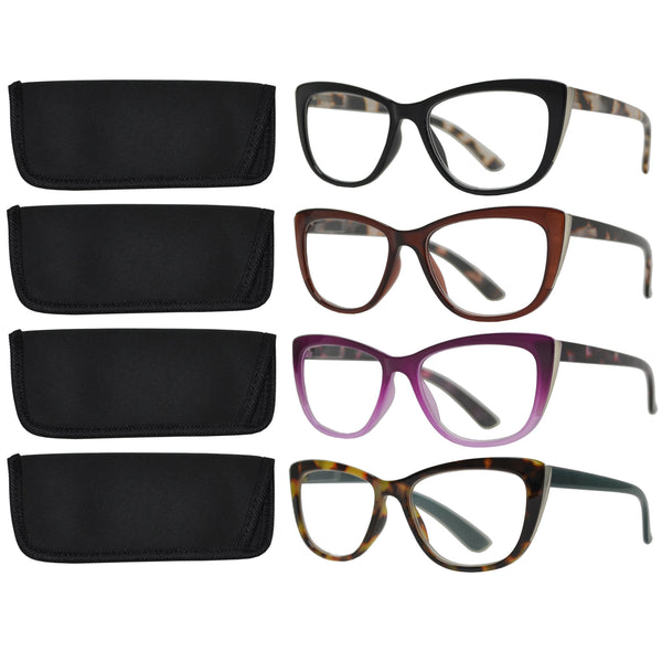 Reading Glasses Stylish Cat Eye with Spring Hinge Readers 4 Pack